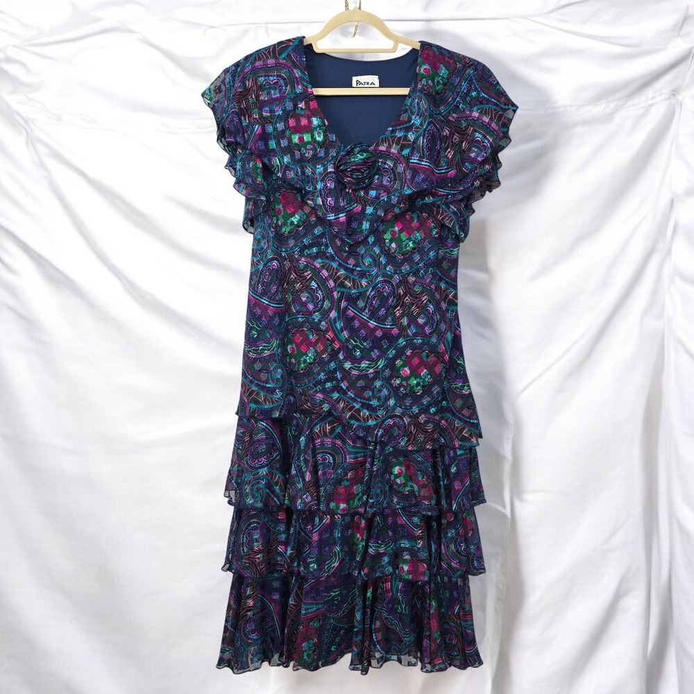 VTG 80-90s Patra Paisley Midi Dress Ruffle Tiered Party Cocktail Purple Woman 14